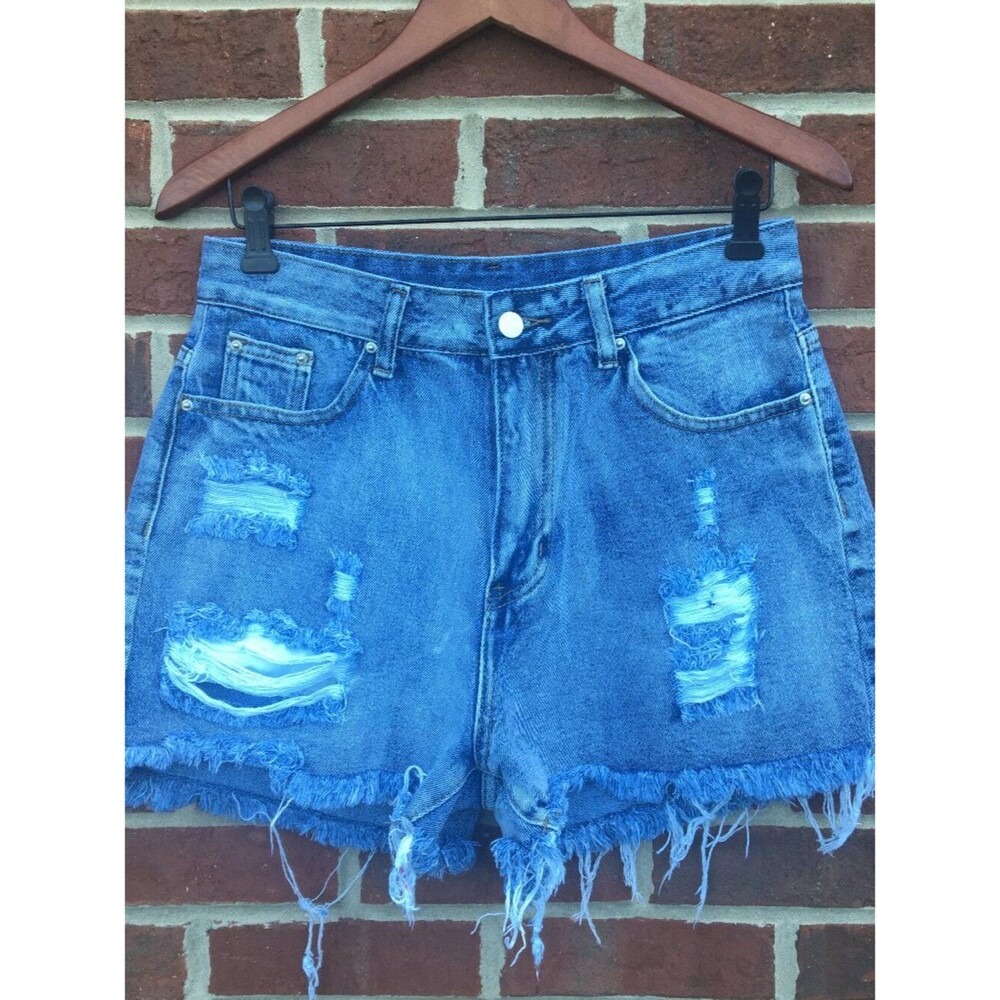 Distressed Denim Jean Shorts Large High Rise Raw Frayed Hem Festival Grunge